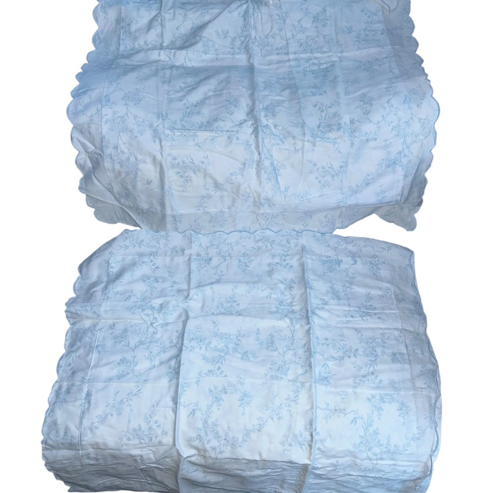 Schweitzer Linens Italy 2 blue white floral embroidered scallop hem Euro Shams